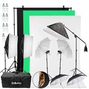 Hwamart Fond Support Système, Softbox Kit Eclairage Photo Studio Vidéo avec Parapluie, Fond Vert Noir Blanc, 7x150W Ampoule 5500K, Softbox, Réflecteur