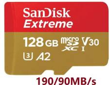 Carte micro SD SanDisk Extreme 128 Go Adaptateur SD avec Performances Applicatives A2 jusqu'à 190 Mo/s 90Mo/S Classe 10 U3 V30