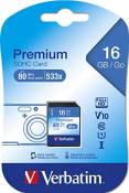 Verbatim Carte mémoire SDHC U1 Premium - 16 Go - carte SD pour l'enregistrement de vidéos en Full HD - carte avec protection d'écriture intégrée - noi