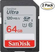 2pcs Carte Mémoire SDXC SanDisk Ultra 64 Go jusqu'à 120 Mo/s classe 10 UHS-I