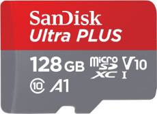 Carte mémoire micro SD SanDisk Ultra Plus micro SDXC 128 Go Gris et Rouge + Adaptateur SD 150 MB/s A1 Class 10 UHS-I