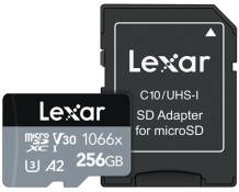 Carte mémoire micro SDXC Lexar 256 Go 1066x avec adaptateur inclus Noir et Gris
