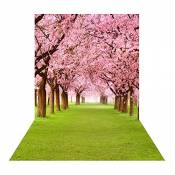 Muzi D-9798 Toile de fond pour studio photo Motif arbre à fleurs roses et herbe verte 150 x 250 cm