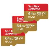 Lot de 3 Carte Mémoire microSDXC SanDisk Extreme 64 Go A2 jusqu'à 170 Mo/s écriture 80Mo/s Classe 10 U3 V30 Adaptateur SD