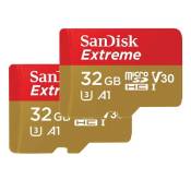 Lot de 2 Carte Mémoire Micro SDHC SanDisk Extreme 32 Go MicroSDHC Adaptateur SD 100 Mo/s Classe 10 U3 V30 A1