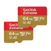 Lot de 2 Carte Mémoire microSDXC SanDisk Extreme 64 Go A2 jusqu'à 160 Mo/s Classe 10 U3 V30 Adaptateur SD