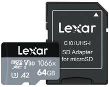 Carte mémoire micro SDXC Lexar 64 Go 1066x avec adaptateur inclus Noir et Gris