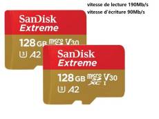 Lot de 2 Carte Mémoire Micro SDXC SanDisk Extreme 128 Go A2 MicroSDXC R190/W130Mo/s Classe 10 U3 V3 version 2022