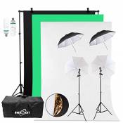 Support Système de Toile de Fond Photo Studio, Kit Eclairage Parapluie Complet avec Fond Vert Noir Blanc, 2x150W Ampoule CFL, Douille E27, Réflecteur 