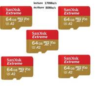 Lot de 5 Carte Mémoire Micro SDXC SanDisk Extreme 64 Go A2 MicroSDXC R170/W80Mo/s Classe 10 U3 V3 version 2022