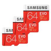 Lot de 3 Carte Mémoire Micro SD SDXC Samsung EVO Plus 64 Go U1 100 Mo/S Full HD et 4K UHD avec Adaptateur (paquet de trois)